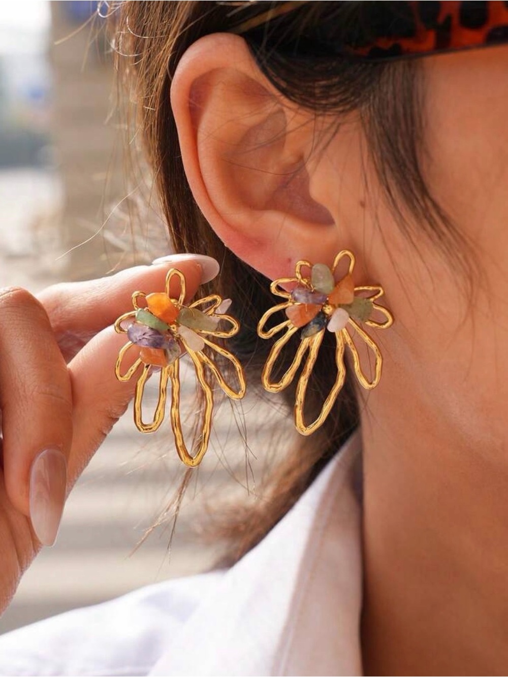 Gold Floral Loop Earrings with Multicolor Stone Chips - Picture 2 of 6